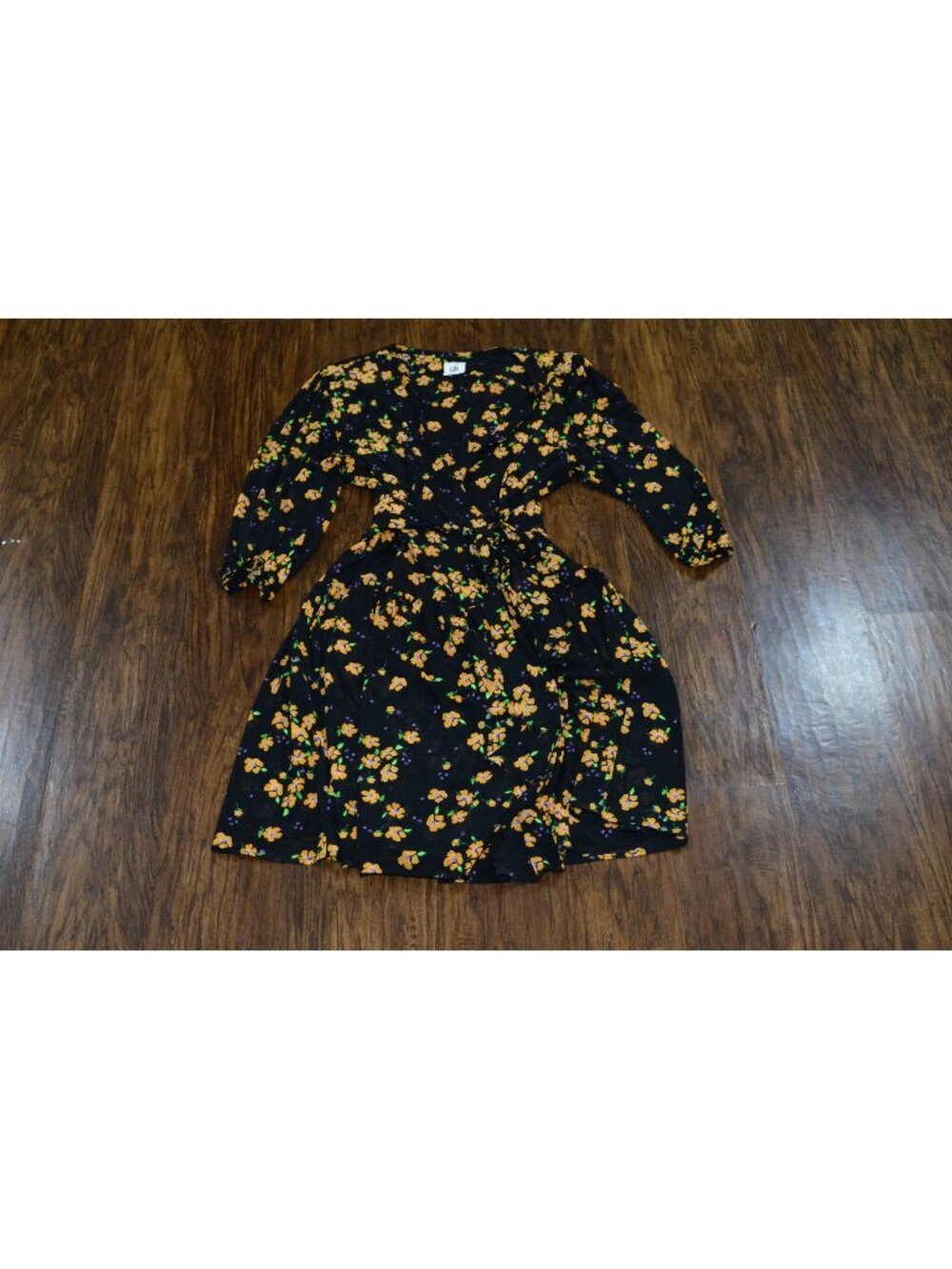 Womens Size S Floral Wrap Dress Black Yellow Cabi Cottage Coquette Whimsigoth
